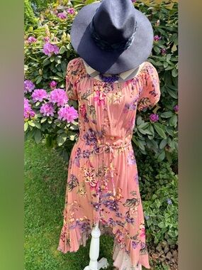 Honey Belle Floral Dusty Rose High Low Boho Tie-Waist Dress Short Sleeve NWT SzL